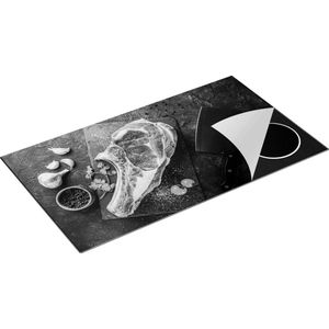 Chefcare Inductie Beschermer Vlees met een Mes op een Marmeren Plaat - Zwart Wit - 95x50 cm - Afdekplaat Inductie - Kookplaat Beschermer - Inductie Mat