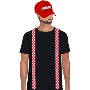 Brabant vlag thema kleur carnaval verkleedset rood/witte cap/pet en bretels voor volwassenen