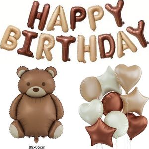 8-delige Happy Birthday set Beer XL bruin, nude en ivoor - beer - bear - happy birthday - folie - ballon - ster - hart - bruin