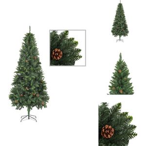 vidaXL Kunstkerstboom - Dennenboom - 210 cm - Groen - PVC - Met 1060 puntige uiteinden - Met groen glitter - Met 36 dennenappels - Decoratieve kerstboom