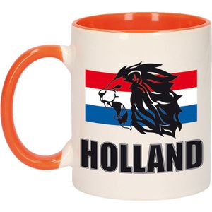 Holland leeuw silhouette beker / mok wit en oranje - 300 ml - oranje supporter / fan