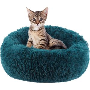 Verwijderbare kattenmand Fluffy - donut pluche hondenmand wasbaar rond knuffelkussen slaapplaats voor katten en honden rustgevende verbeterde slaap XH062 (diameter: 40 cm, cyaan)
