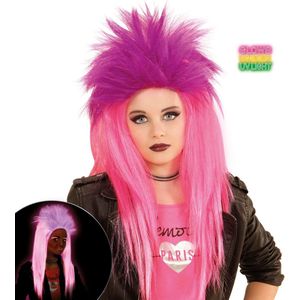 Widmann - Punk & Rock Kostuum - Neon Rock Pruik, Kind Punk Roze - Paars, Roze - Carnavalskleding - Verkleedkleding