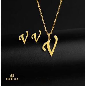 Leerella | V | Luxe Gouden Initialen Ketting & Oorbellen Set - Roestvrij Staal - Letters A t/m Z - Persoonlijke Sieraden voor Elke Gelegenheid Moederdag, Valentijnsdag en Verjaardag Cadeau Ketting 45 cm