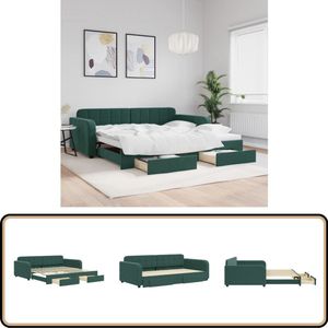 vidaXL Slaapbank met onderschuifbed - Fluweel - Groen Slaapbank - Tweepersoonsbank - Donkere Meubels - Fluweelblad - Boxspring