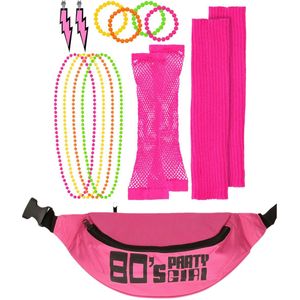 Foute 80s/90s party verkleed set compleet - dames - fluor roze - jaren 80/90 verkleed accessoires