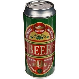 Out of the Blue Spaarpot blikje Bier/Beer - metaal - groen/rood - Drank thema - 16 cm
