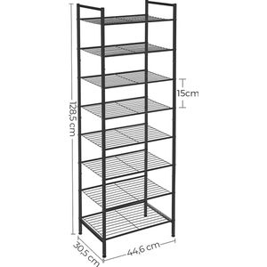 schoenenrek, schoenenrek met 8 niveaus, smal, voor 16-24 paar schoenen, ruimtebesparend, veel opbergruimte, metalen rek, 44,6 x 30,5 x 128,5 cm, zwart LMR028B01