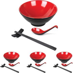 Japanse Ramen Kom Set Ramen Kom Set 16 Delige Japanse Servies Kom. Complete Ramen Set 4 - Kommen, Eetstokjes, Ramenlepels, Eetstokjesstandaard, 975 ML- Rood/Zwart