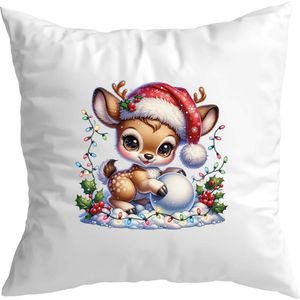 Witte kerst kussenhoes met Full color Schattig Hertje met Muts, Kerstlampjes en Sneeuwbal (envelop sluiting 40 x 40)