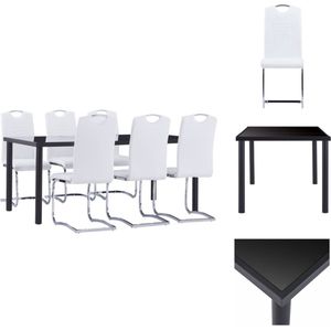 vidaXL Eetset Modern - Eettafel 180x90x75 cm - Gehard glas en metaal - 6x Eetstoelen - Kunstleer - Wit - 42x52x100 cm - Set tafel en stoelen