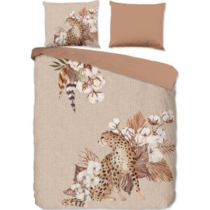 Cheqo® Luxe Flanellen Dekbedovertrek 240x220 cm - Tijger en Bloemen Print - Zand - 2 Persoons - 100% Katoen