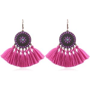 Bohemian Ibiza oorbellen hangers met katoenen kwastjes kleur paars