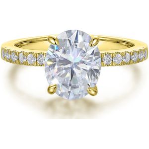Nina - 14k Geelgouden Ovaal Moissanite Ring met Pavé Zijstenen - 3 karaat.