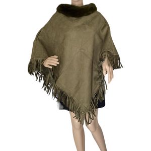 Dames warme Poncho driehoekig Suede look met Imitatiebont 40798 Onesize Legergroen