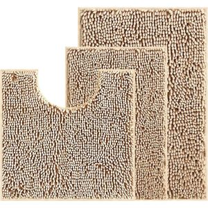 Riokem ® Luxueuze Badmat Set van 3 Stuks - Antislip Chenille Matten - Wasbaar - Camel Kleur