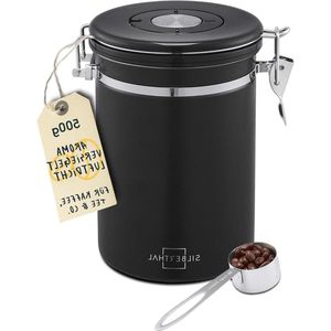 Airtight Stainless Steel Coffee Canister 500g - Container for Coffee Beans and Grounds - Includes Dosing Spoon - Black