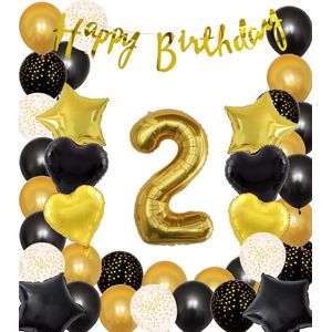 Snoes Ballonnen 2 Jaar Black Gold Dots Mega Ballon - Compleet Feestpakket Goud Zwart Stippen Cijferballon 2 - Verjaardag Versiering DIY Slinger Happy Birthday – Folieballon – Latex Ballonnen - Helium Ballonnen