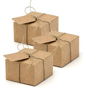 PartyDeco cadeaudoosje Kraft - Bruiloft bedankje - 40x met etiketten - bruin - 6 x 4 cm