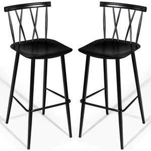 COSTWAY Zwarte metalen eetkamerstoel set van 2, chique bistro cafe bijzetstoel voor binnen/buiten, eenvoudige & moderne barkruk met rugleuning