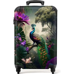 NoBoringSuitcases.com - Koffer - Pauw - Regenboog - Veren - Bloemen - Lichtgewicht - TSA slot - Kofferslot - Reiskoffer met wielen - Trolley op wieltjes - Past binnen 55x40x20 cm en 55x35x25 cm - Handbagage koffer - Fotokoffer - Hardcase koffer