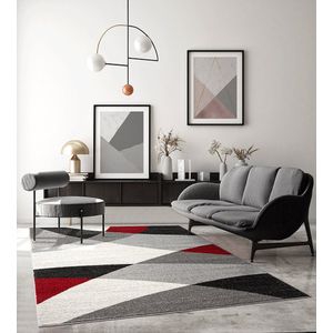 Vloerkleed Thales -120 x 160 cm modern, laagpolig, voor woonkamer, slaapkamer, contour, geometrische patronen, golvend patroon, grijs-rood