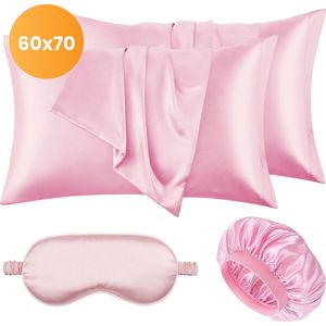 Satijnen set kussensloop - Incl. bonnet en slaapmasker - 60x70 cm - Slaapmuts - Krullen - Satijn - Moerbij - Zijden - Beauty - Silk - Zachte - Satin roze - Soft & Silky