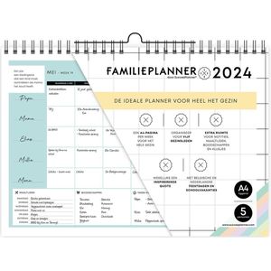 Succesplanner FamiliePlanner 2024 - muurkalender voor 5 personen - voor het hele gezin - leuke quotes - maaltijdplanner