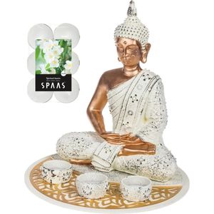 Boeddha beeld voor binnen 29 cm met 12x geurkaarsen Spiritual Jasmin - Buddha beeldje met theelichtjes/waxinelichtjes