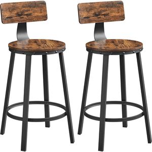FURNIBELLA - set van 2, barstoelen, hoge krukken, met rugleuning, keukenstoel, stalen frame, eenvoudige montage, 62,5 cm hoge stoel, industriële stijl, rustiek bruin en zwart LBC076B01