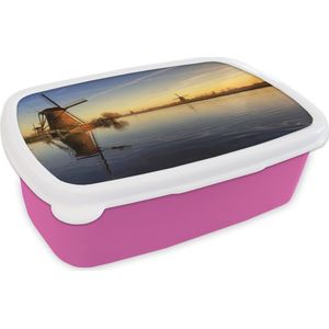 Broodtrommel Roze - Lunchbox - Brooddoos - Molen - Water - Horizon - 18x12x6 cm - Kinderen - Meisje