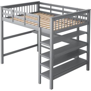 Merax Tweepersoonsbed Hoogslaper 140x200 cm - Bed met Bureau en Opbergruimte - Grijs