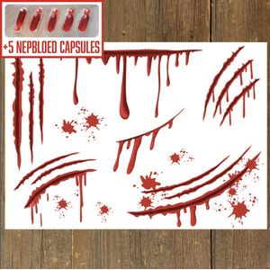 GetGlitterBaby® - Tattoo + Nep Bloed Capsules / Halloween Horror Decoratie Versiering Krabwonden / Carnaval Schmink Make Up Plak Tattoos / Tijdelijke Tattoo / Nep Tatoeage + Vloeibaar Dik Rood Nepbloed / Nep Wond / Fake Kunst Blood - 5 Capsules