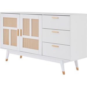 Gotagee witte rotan kast multifunctionele opbergkast 2 rotan deuren 3 laden buffet gouden decoratie 160*40*87cm