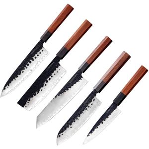 Kurotaka Professionele Japanse Messenset - 5 Delig - Hout - Hammered Afwerking - RVS