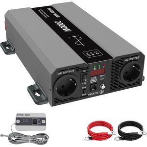 Omvormer 24V 230V 2000W - Zuivere Sinusgolf voor Camper en Auto | Vermogensomvormer met USB/PD Uitgang en LCD Scherm