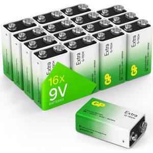 GP Extra Alkaline batterijen 9V - Batterij 9 volt blok - Batterij 6LR61 - 16 stuks - Nieuwe G-TECH Technologie