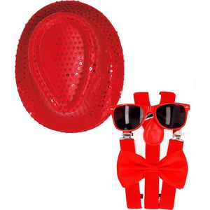 Toppers - Carnaval verkleed set compleet - glitter hoedje/bretels/party bril/strikje - rood - heren/dames - verkleedkleding