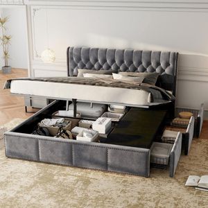 Sweiko Tweepersoons gestoffeerd bed - 160x200 cm - 3 laden - hydraulische opbergruimte - zonder matras - Velvet - grijs