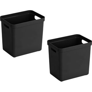 2x stuks zwarte opbergboxen/opbergdozen/opbergmanden kunststof - 24 liter - opbergen manden/dozen/bakken - opbergers