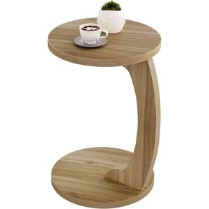WARRAICH-C-vormige ronde bijzettafel en salontafel, gemaakt van MDF in licht eiken, afmetingen Ø 38 x H 55 cm
