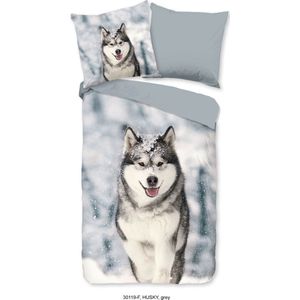 Good Morning Dekbedovertrek ""husky hond"" - Grijs - (140x200/220 cm) - Katoen Flanel