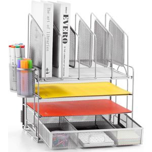 Bureau Organizer met 4 Lades en Lade – Met 2 Pennenhouders – Metaalgaas Papier Organizer – Verticaal Staand – Documentenhouder – Briefpapier Organizer – Bureau Opbergsysteem – Home Office Accessoires – Zilver