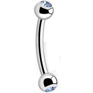 Titanium 10 mm curved barbell 1,6 met 4 mm bal met blauwe steentjes. RH-Jewelry