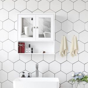 spiegelkast badkamermeubel hangende kast spiegel met plank make-up kast gemaakt van hout 56 x 58 x 13 (bxhxd) cm wit LHC002