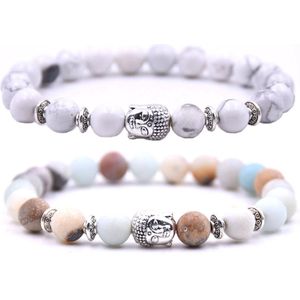 Armband heren / dames / unisex - met buddha bedel - Kralen armband boedha - Chakra armband - Cadeau voor hem of haar - Armbandenset 2 bandjes - Wit marmer & Pastel