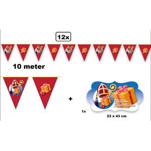 12x Vlaggenlijn Sinterklaas rood 10 meter met feestbord - Sint Nicolaas Sint en Piet decoratie vlaglijn