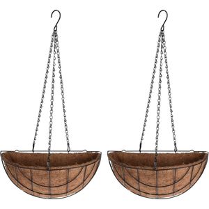 2x stuks metalen hanging baskets / plantenbakken halfrond zwart met ketting 37 cm inclusief kokosinlegvel - Hangende bloemen