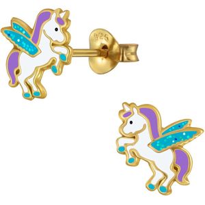 Joy|S - Zilveren eenhoorn oorbellen - glitter - unicorn oorknoppen - 14k goudplating