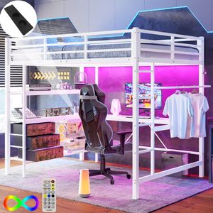 Hoogslaper - 140x200cm - met LED-verlichting - bureau - USB-aansluiting - 3 laden - trap - zonder matras - wit